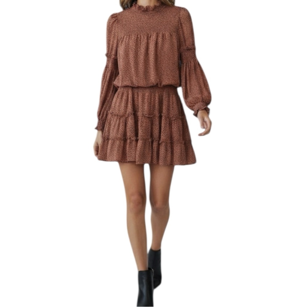 Mustard Seed Dotted Tiered Mini‎ Dress Brown Smocked Long Sleeve Mock Neck Small